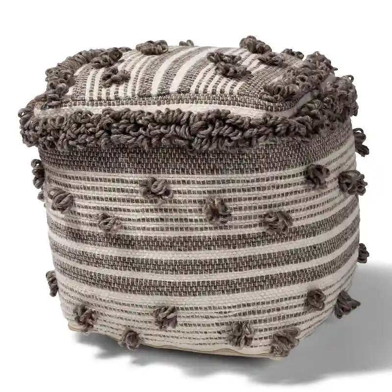 Pouf ottoman en laine tissé à la main de style marocain ivoire et marron