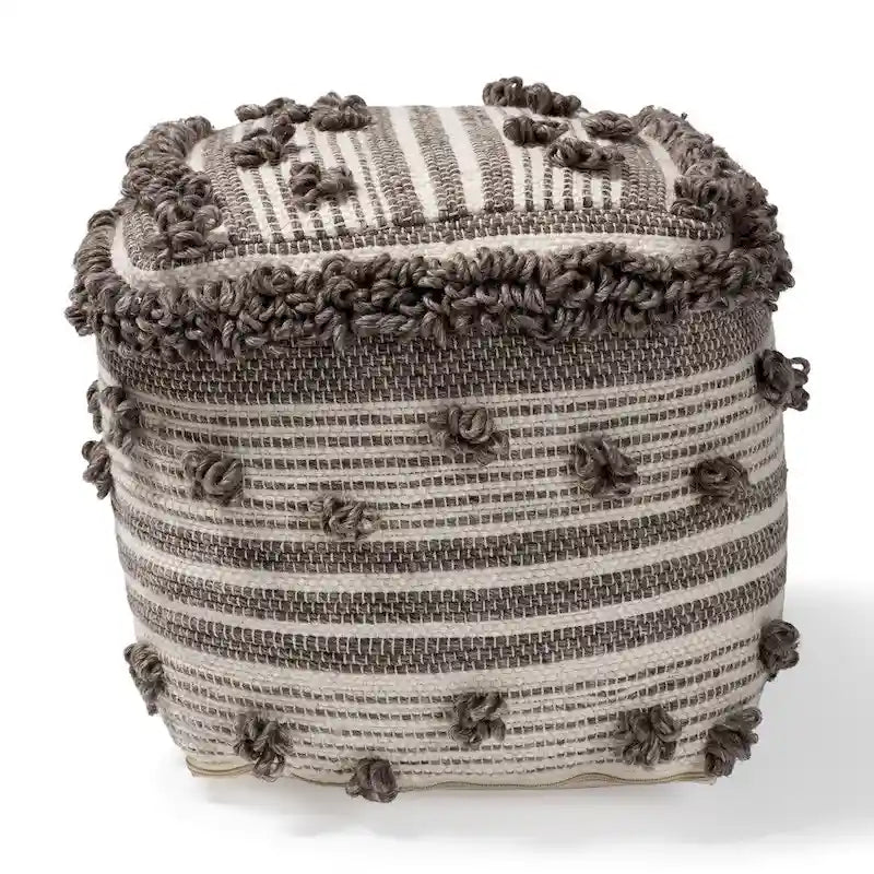 Pouf ottoman en laine tissé à la main de style marocain ivoire et marron