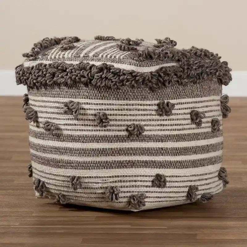 Pouf ottoman en laine tissé à la main de style marocain ivoire et marron