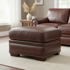 Pouffe carré en cuir pleine fleur marron chaud avec clous décoratifs