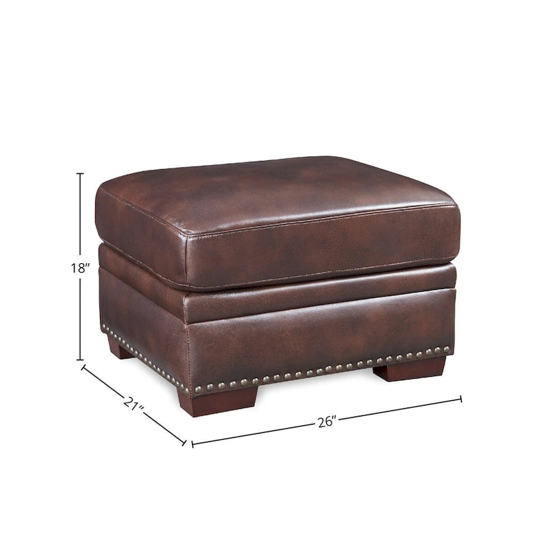 Pouffe carré en cuir pleine fleur marron chaud avec clous décoratifs