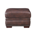 Pouffe carré en cuir pleine fleur marron chaud avec clous décoratifs