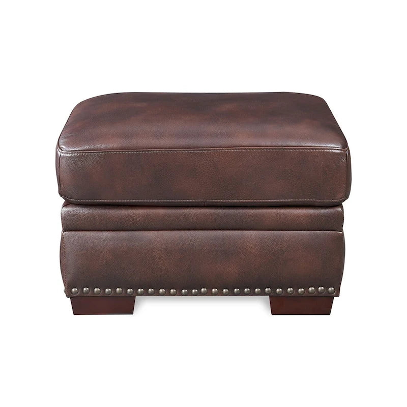 Pouffe carré en cuir pleine fleur marron chaud avec clous décoratifs