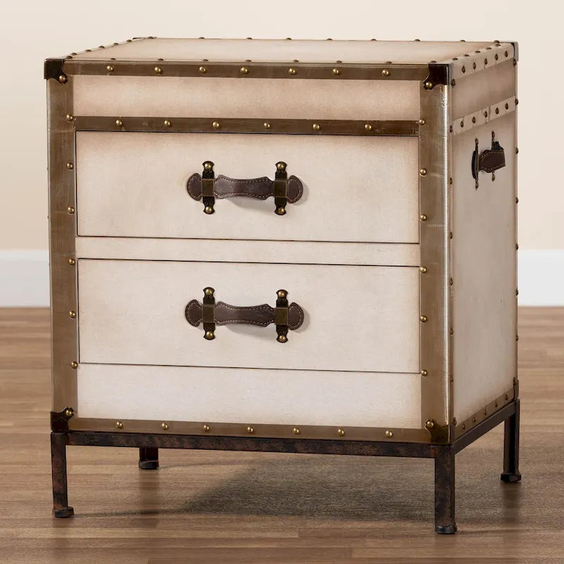 Table d'appoint en toile blanc antique vintage avec 2 tiroirs