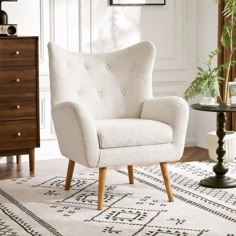 Fauteuil d'appoint en peluche granulaire beige avec dossier à oreilles – 1 place avec pieds en bois d'hévéa