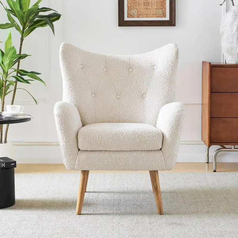 Fauteuil d'appoint en peluche granulaire beige avec dossier à oreilles – 1 place avec pieds en bois d'hévéa