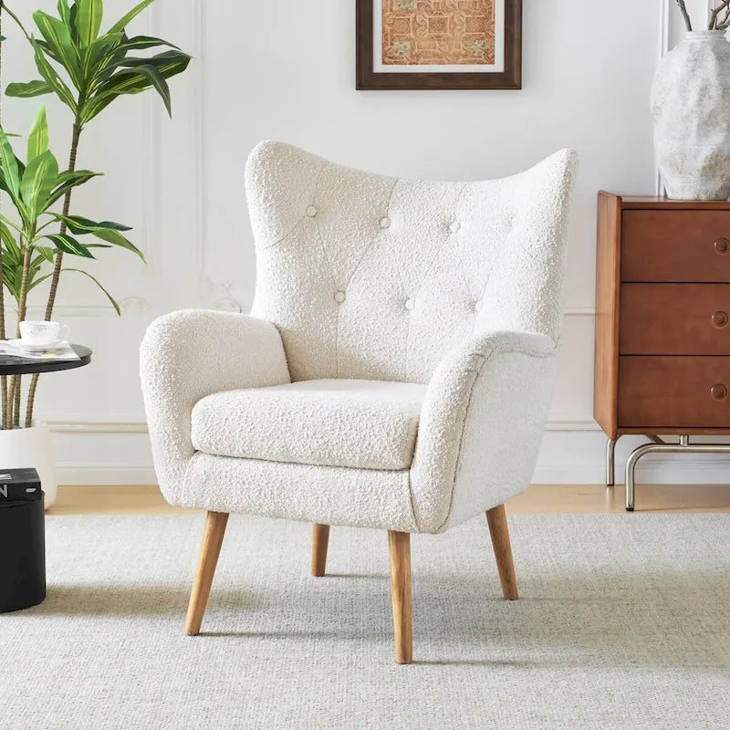Fauteuil d'appoint en peluche granulaire beige avec dossier à oreilles – 1 place avec pieds en bois d'hévéa