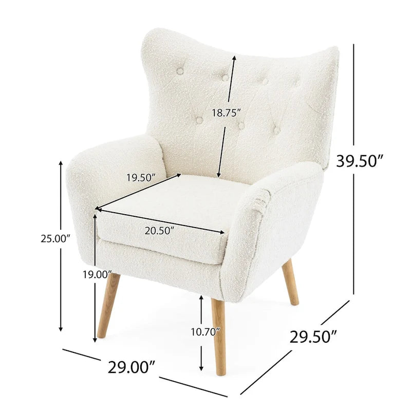 Fauteuil d'appoint en peluche granulaire beige avec dossier à oreilles – 1 place avec pieds en bois d'hévéa