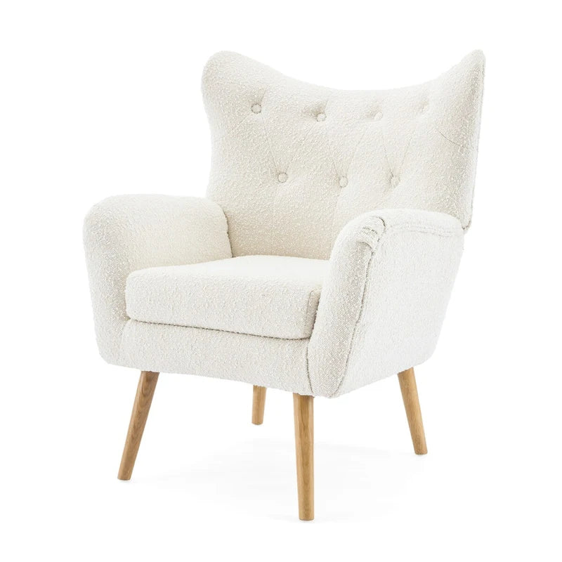 Fauteuil d'appoint en peluche granulaire beige avec dossier à oreilles – 1 place avec pieds en bois d'hévéa