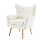Fauteuil d'appoint en peluche granulaire beige avec dossier à oreilles – 1 place avec pieds en bois d'hévéa