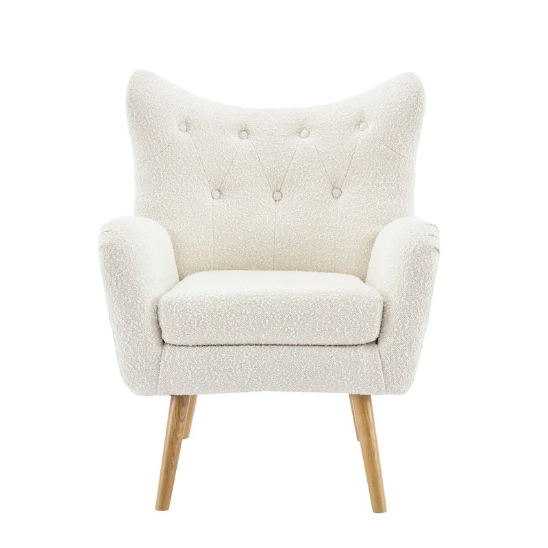 Fauteuil d'appoint en peluche granulaire beige avec dossier à oreilles – 1 place avec pieds en bois d'hévéa