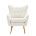 Fauteuil d'appoint en peluche granulaire beige avec dossier à oreilles – 1 place avec pieds en bois d'hévéa