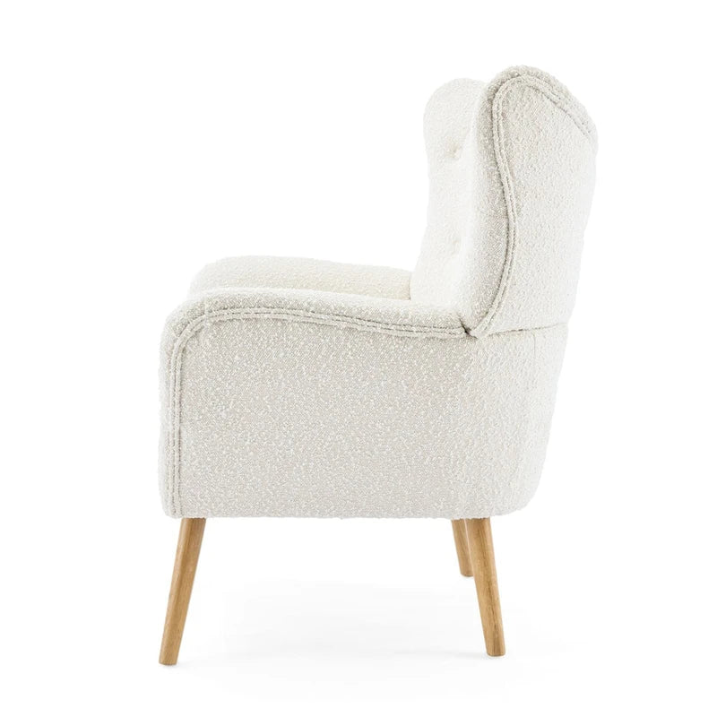 Fauteuil d'appoint en peluche granulaire beige avec dossier à oreilles – 1 place avec pieds en bois d'hévéa