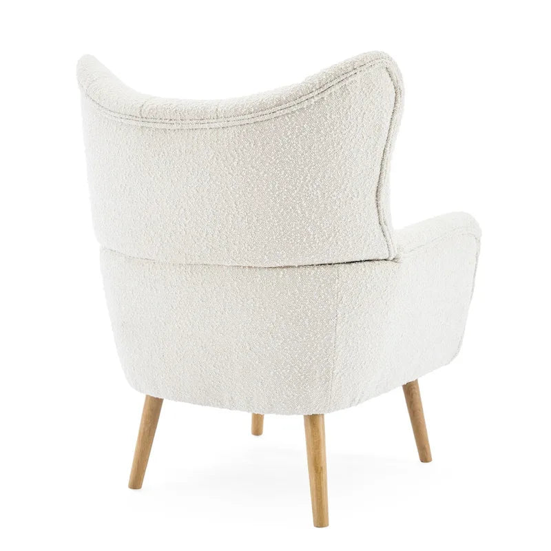 Fauteuil d'appoint en peluche granulaire beige avec dossier à oreilles – 1 place avec pieds en bois d'hévéa