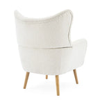 Fauteuil d'appoint en peluche granulaire beige avec dossier à oreilles – 1 place avec pieds en bois d'hévéa