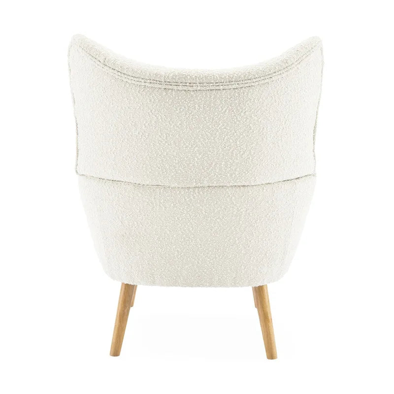 Fauteuil d'appoint en peluche granulaire beige avec dossier à oreilles – 1 place avec pieds en bois d'hévéa