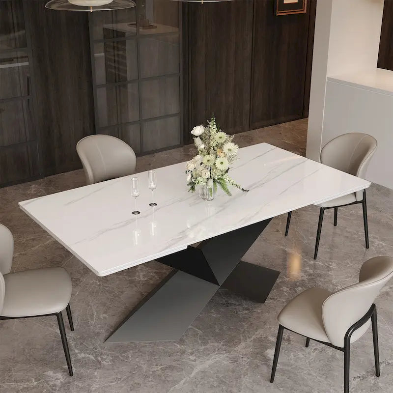 Table à manger extensible en pierre frittée blanche avec pieds en acier en X – 4 à 10 places