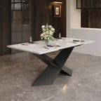Table à manger extensible en pierre frittée blanche avec pieds en acier en X – 4 à 10 places