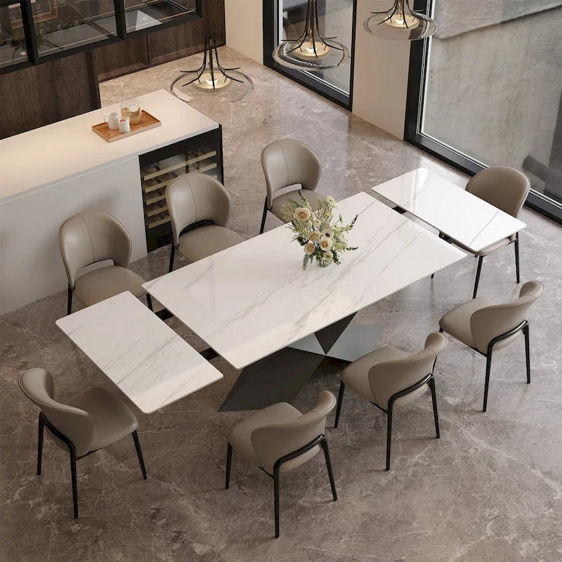 Table à manger extensible en pierre frittée blanche avec pieds en acier en X – 4 à 10 places