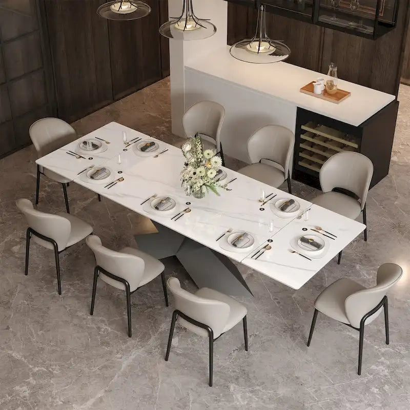 Table à manger extensible en pierre frittée blanche avec pieds en acier en X – 4 à 10 places