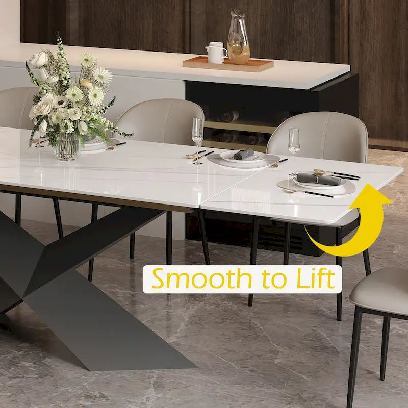 Table à manger extensible en pierre frittée blanche avec pieds en acier en X – 4 à 10 places