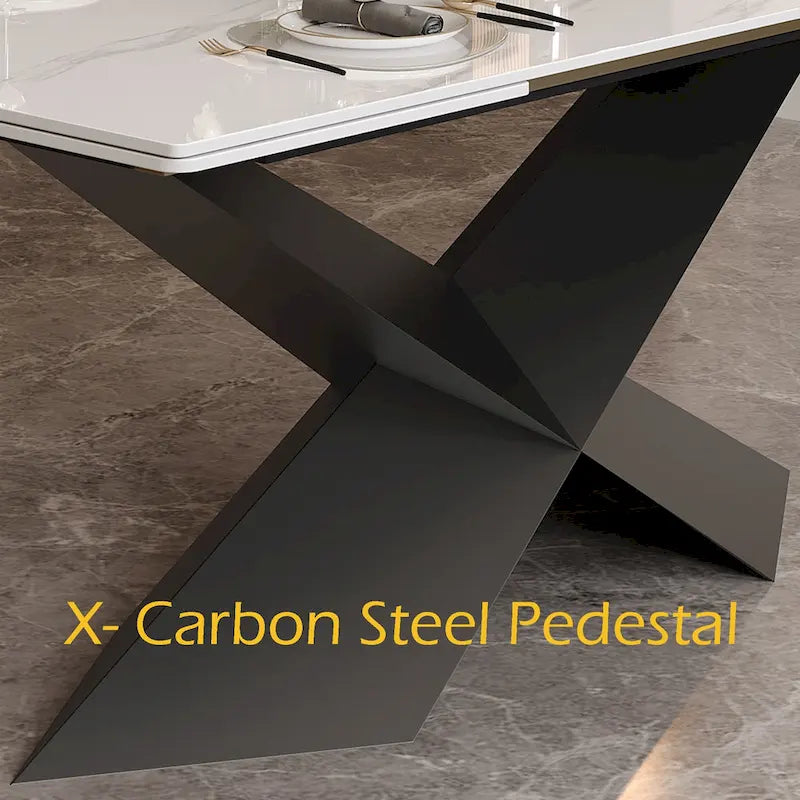 Table à manger extensible en pierre frittée blanche avec pieds en acier en X – 4 à 10 places