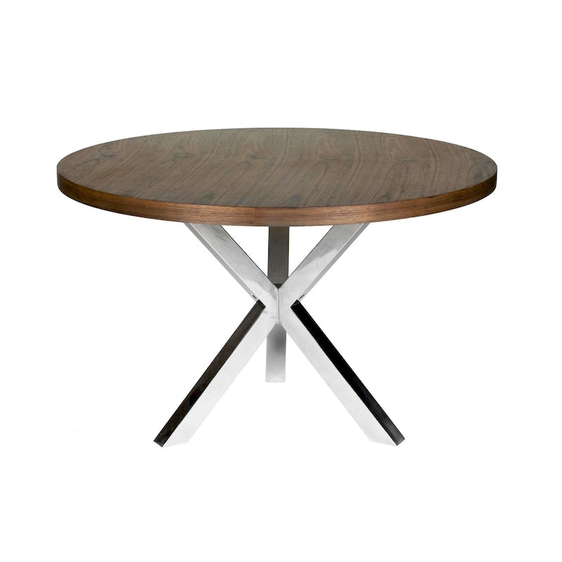Table à manger ronde 4-5 places Noyer Marron et Chrome avec piètement croisé en acier