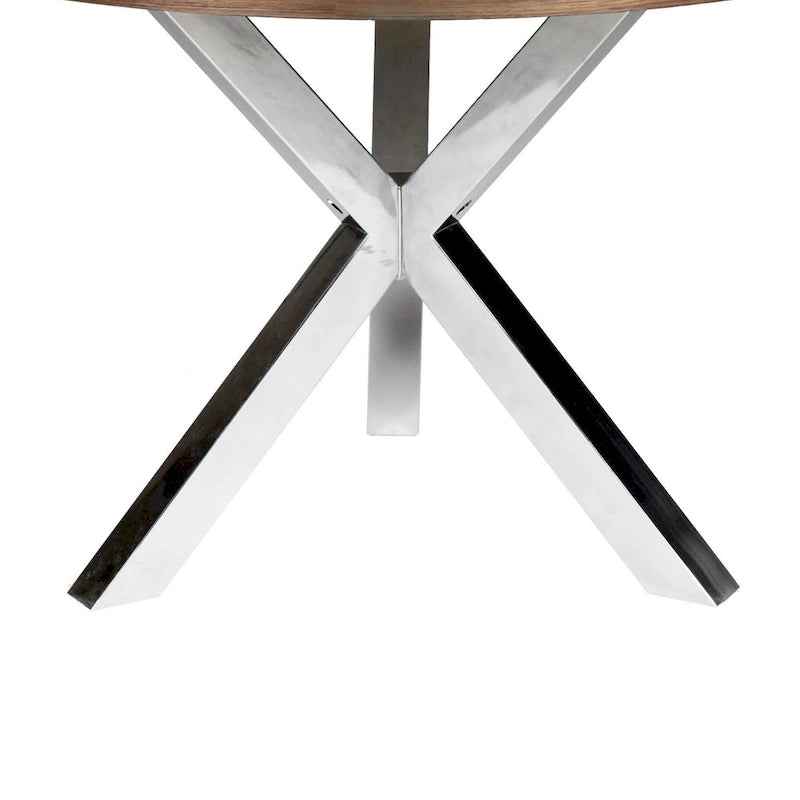 Table à manger ronde 4-5 places Noyer Marron et Chrome avec piètement croisé en acier